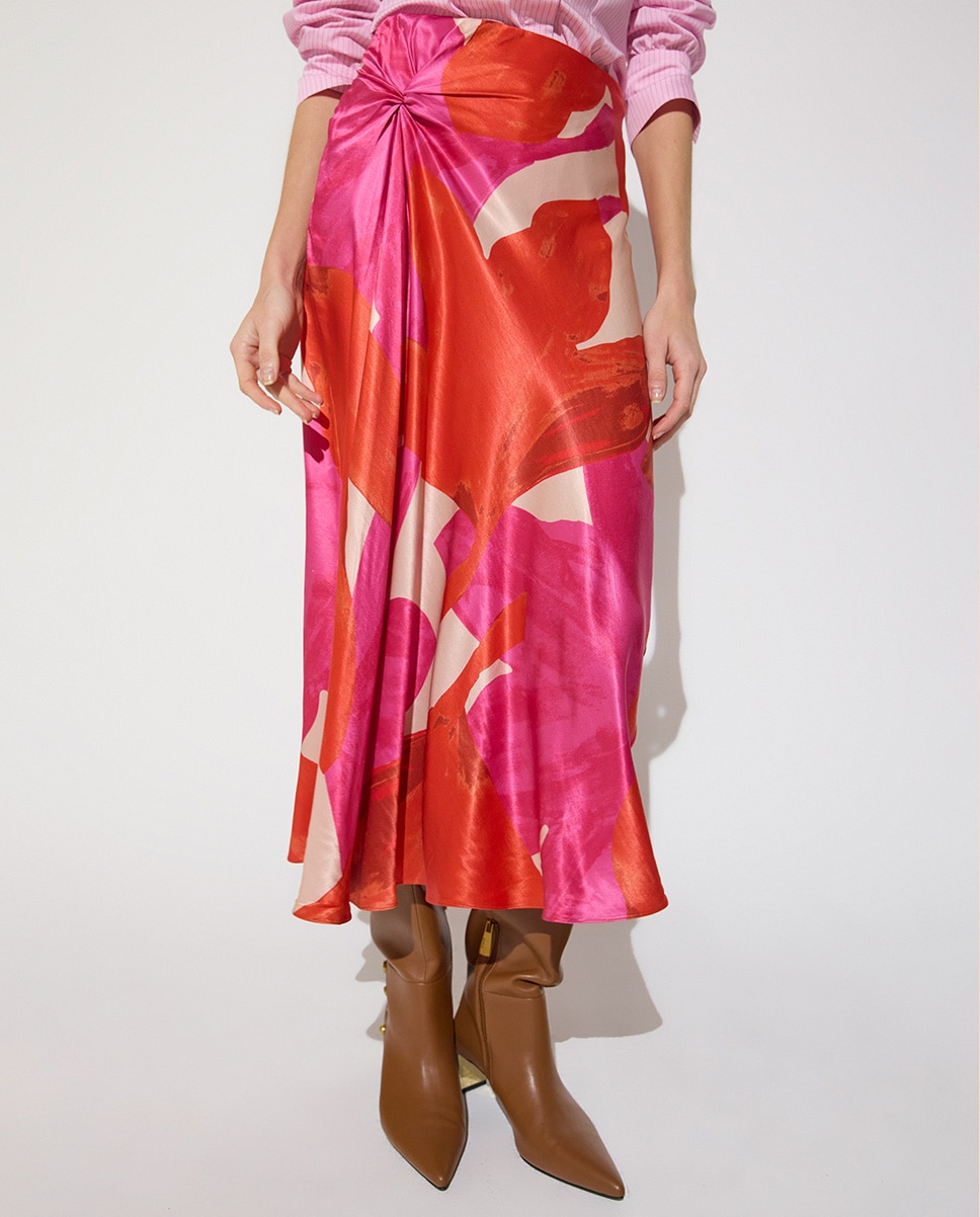Saia Midi de Cetim com Estampado Floral e Nó Lateral na Cintura Multicolor-2