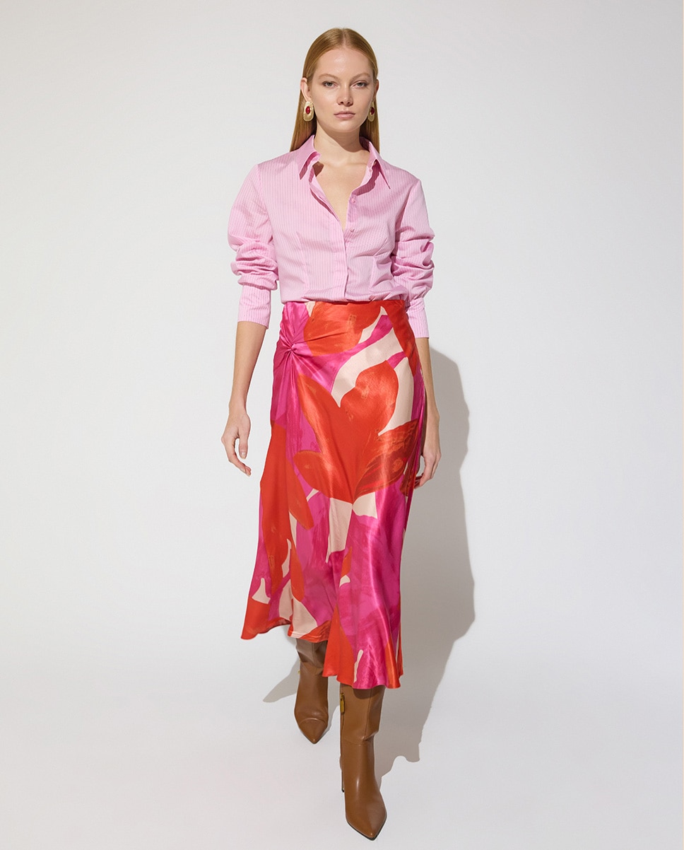 Saia Midi de Cetim com Estampado Floral e Nó Lateral na Cintura Multicolor-5