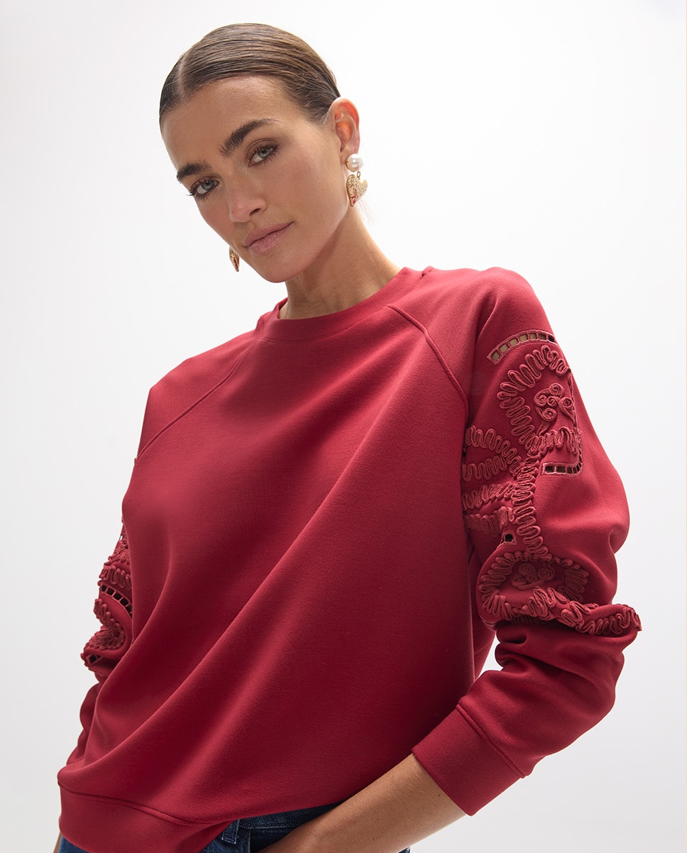 Sweatshirt de Manga Raglan com Bordado de Flores Vinho-2
