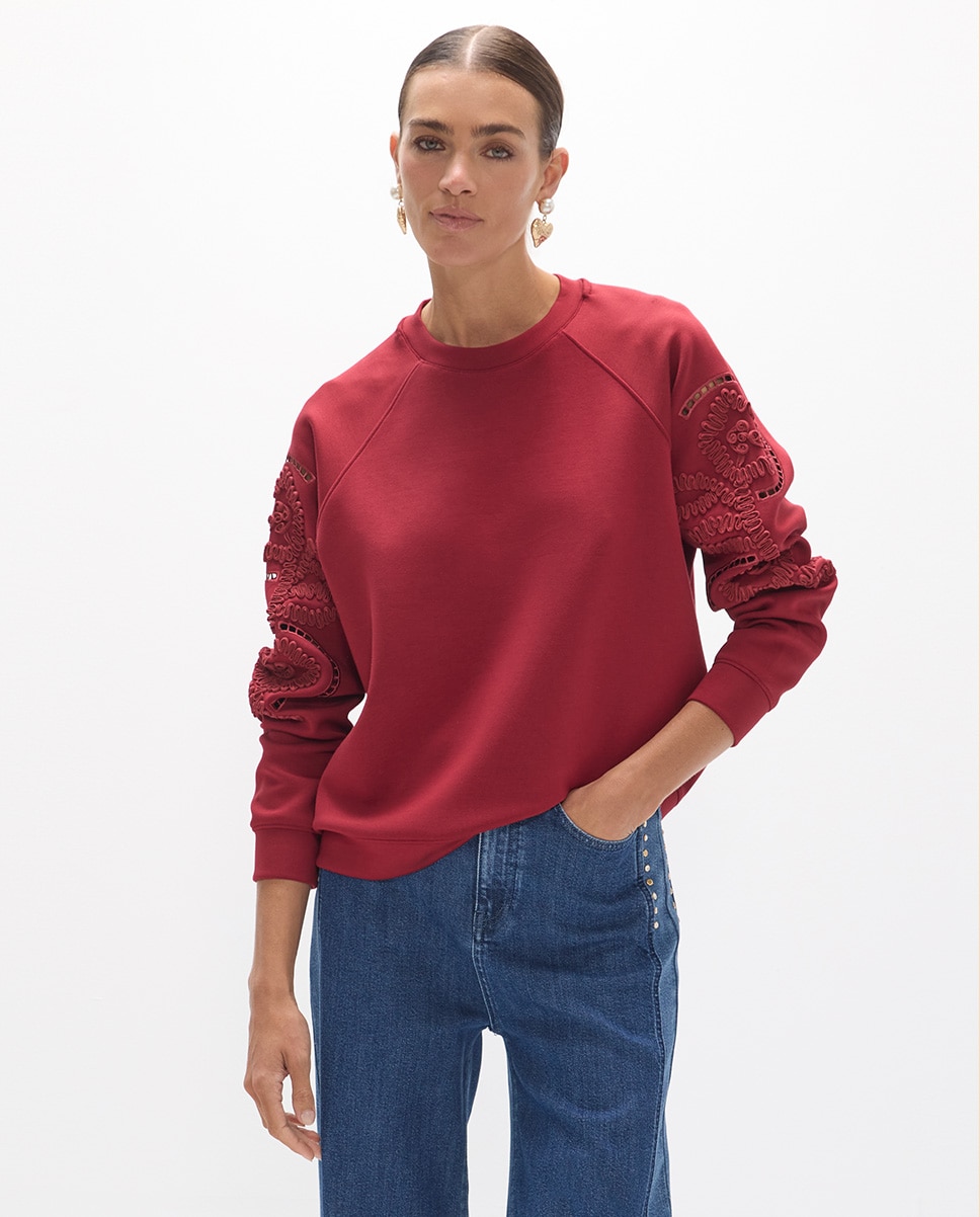 Sweatshirt de Manga Raglan com Bordado de Flores Vinho-3