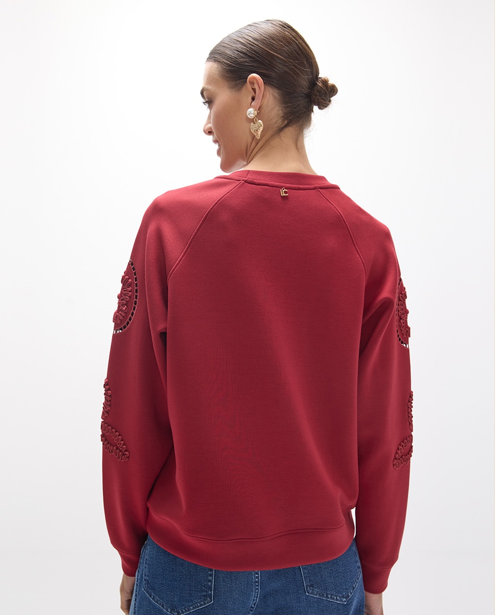 Sweatshirt de Manga Raglan com Bordado de Flores Vinho-4