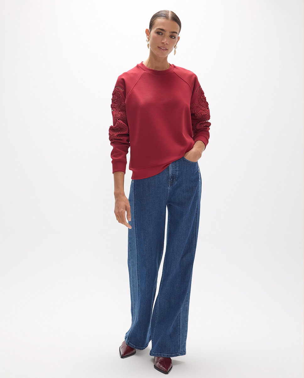 Sweatshirt de Manga Raglan com Bordado de Flores Vinho-5