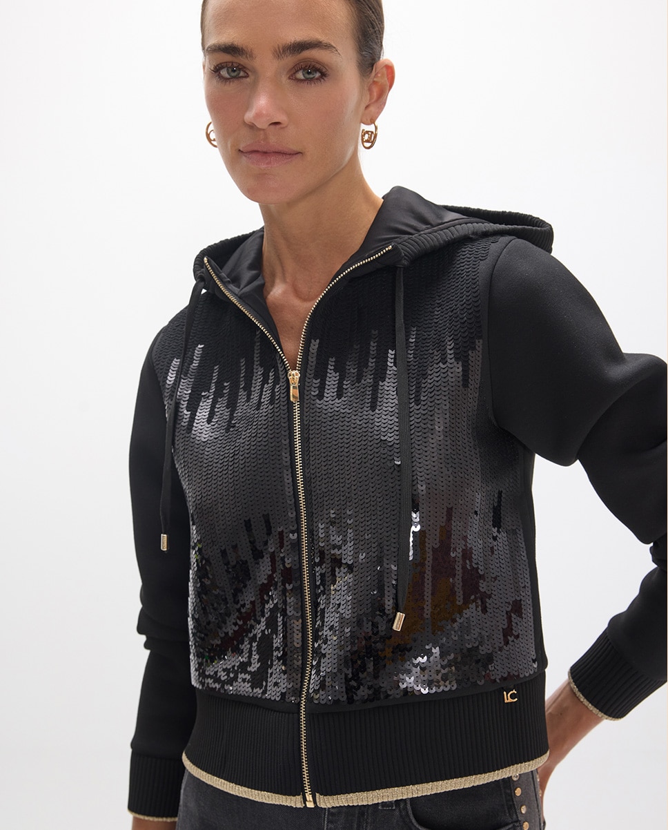 Sweatshirt de Fecho Zip com Capuz e Lantejoulas Preto-2