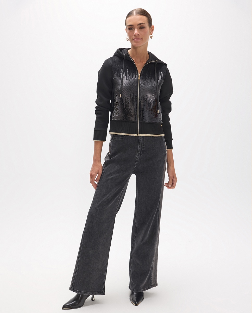 Sweatshirt de Fecho Zip com Capuz e Lantejoulas Preto-4