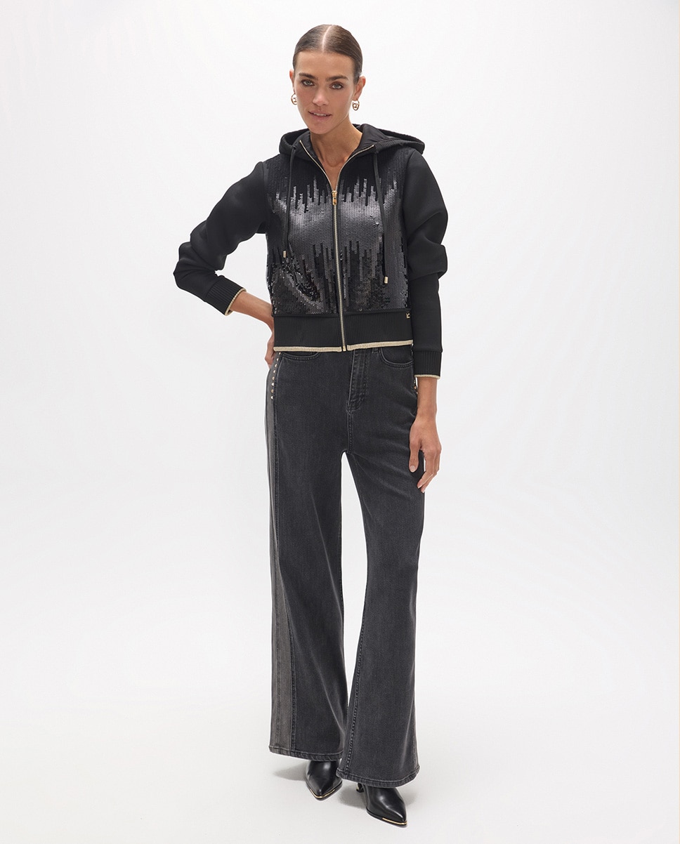 Sweatshirt de Fecho Zip com Capuz e Lantejoulas Preto-5