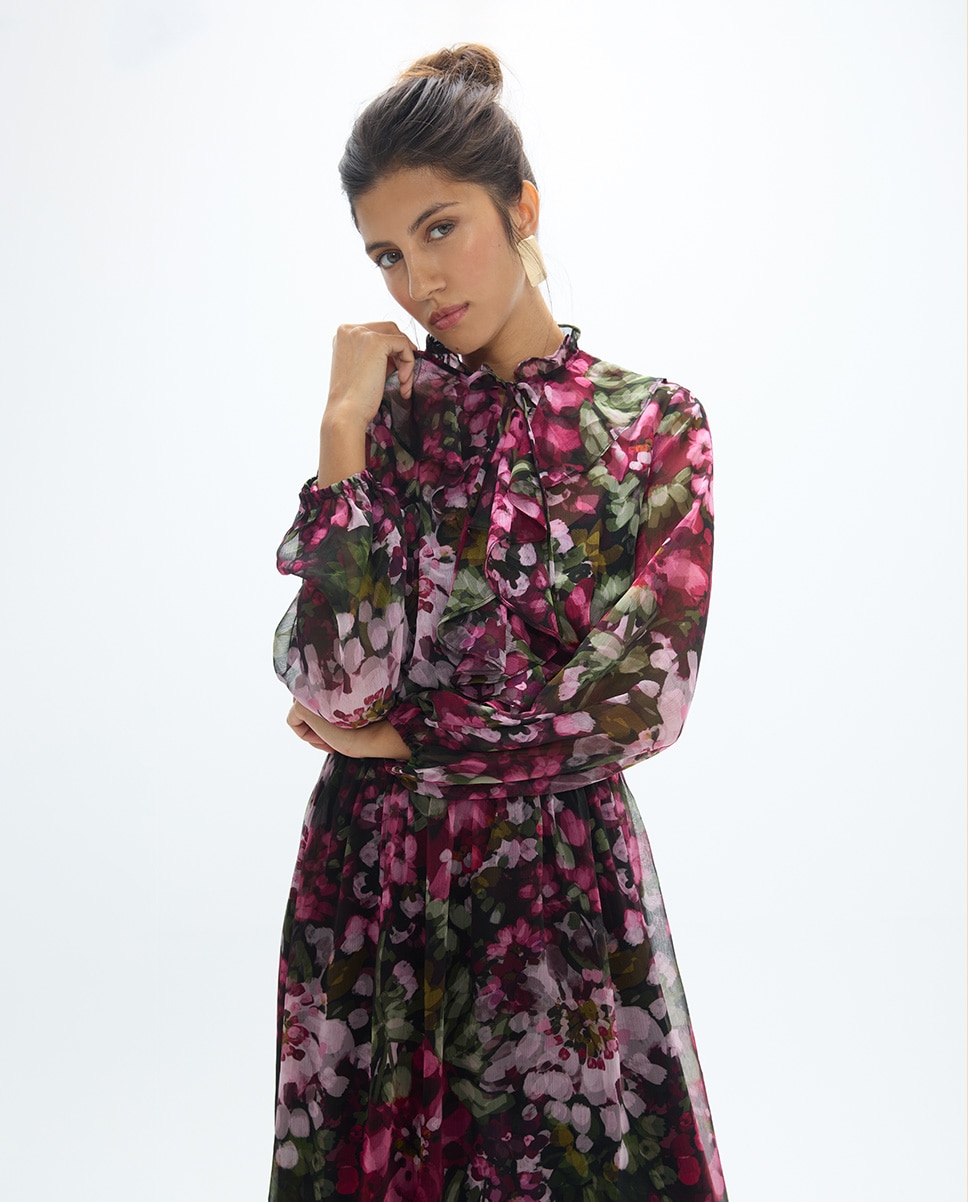 Vestido Comprido Georgette Estampado Multicolor-3