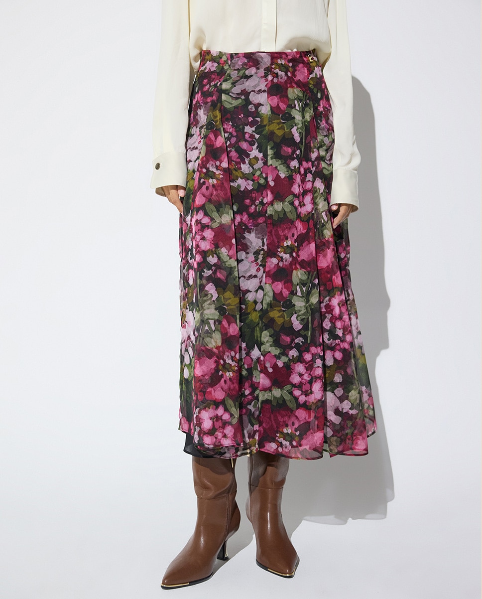 Saia Midi com Godés Estampado Floral Verde-2