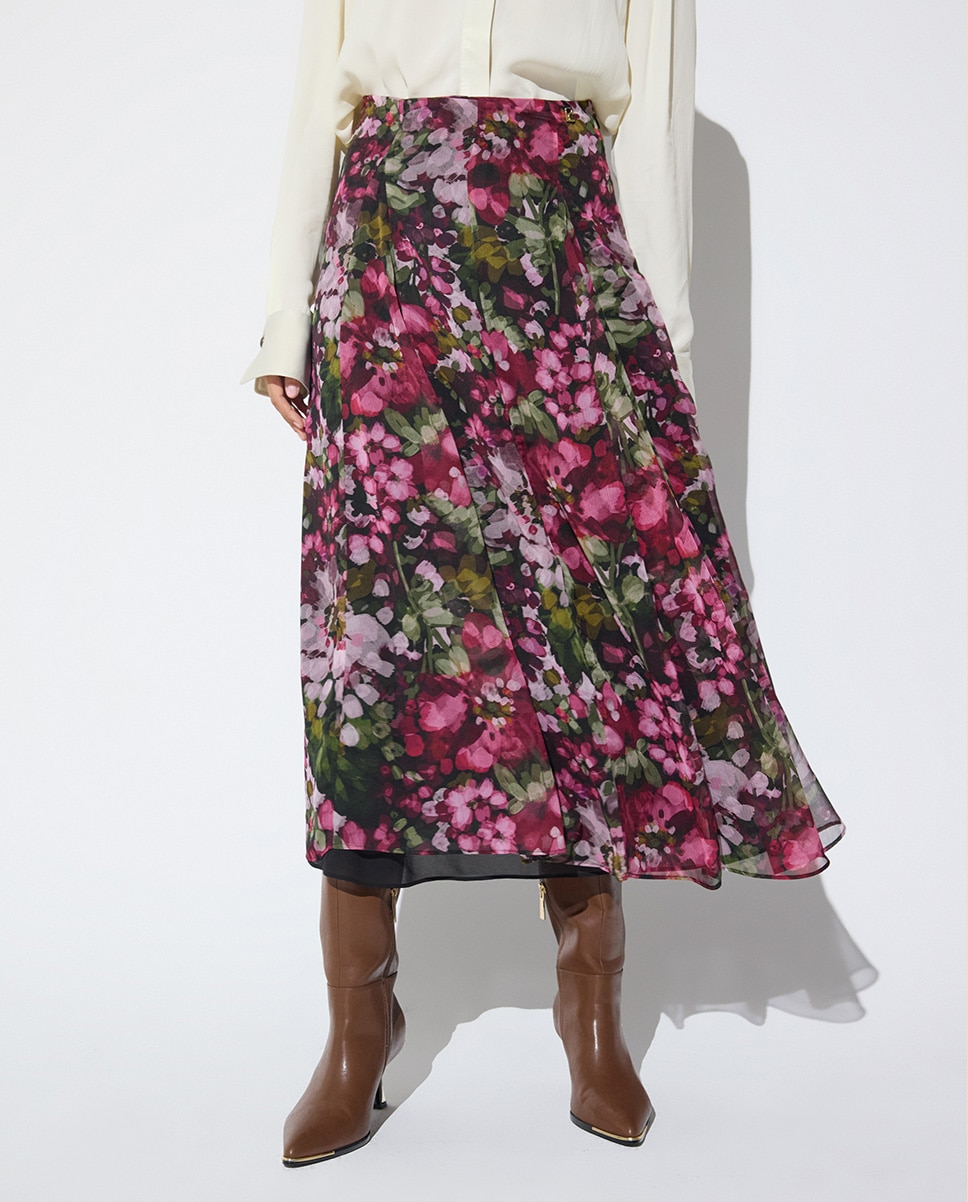 Saia Midi com Godés Estampado Floral Verde-3