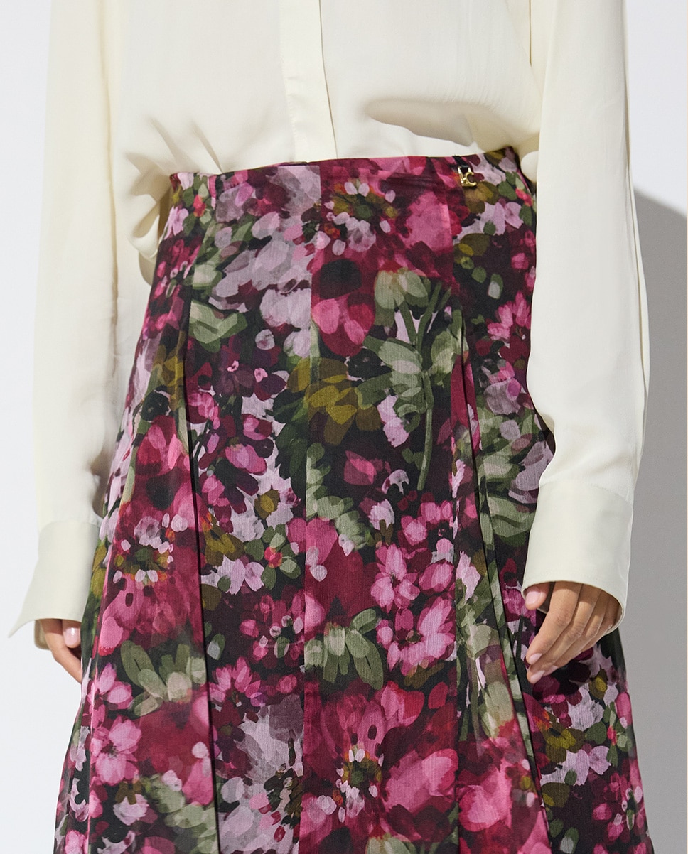 Saia Midi com Godés Estampado Floral Verde-4