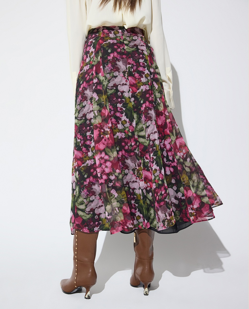 Saia Midi com Godés Estampado Floral Verde-5