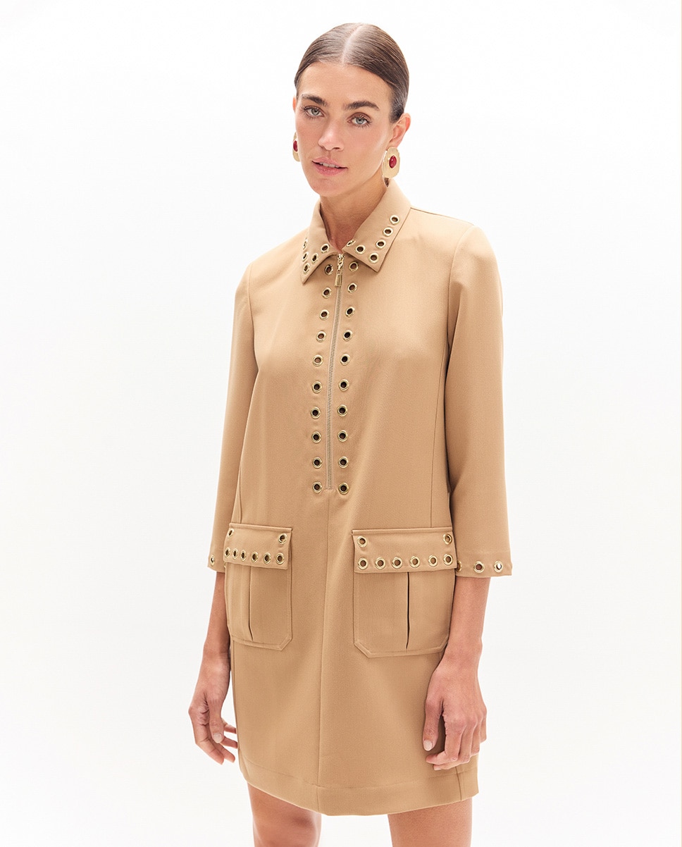 Vestido Curto Eyelets com Fecho Zip Bege-2