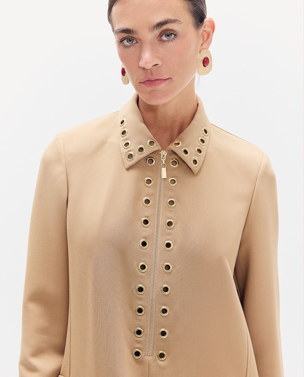 Vestido Curto Eyelets com Fecho Zip Bege-3