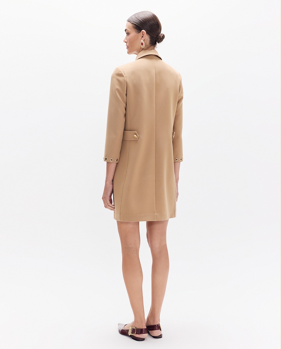 Vestido Curto Eyelets com Fecho Zip Bege-4