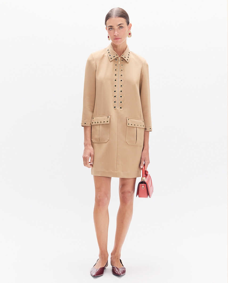 Vestido Curto Eyelets com Fecho Zip Bege-5