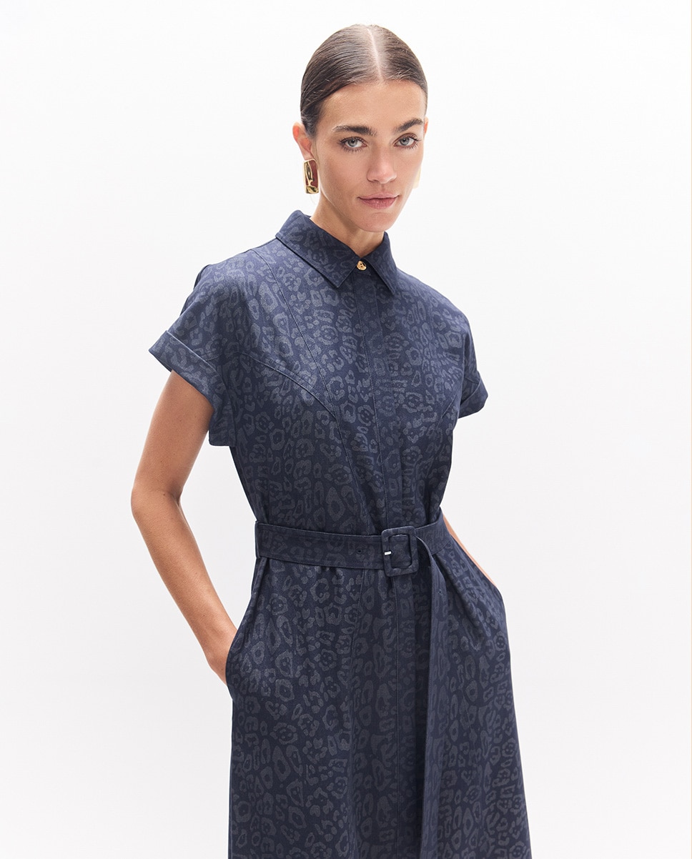 Vestido Midi Animal Print com Cinto Azul-escuro-2