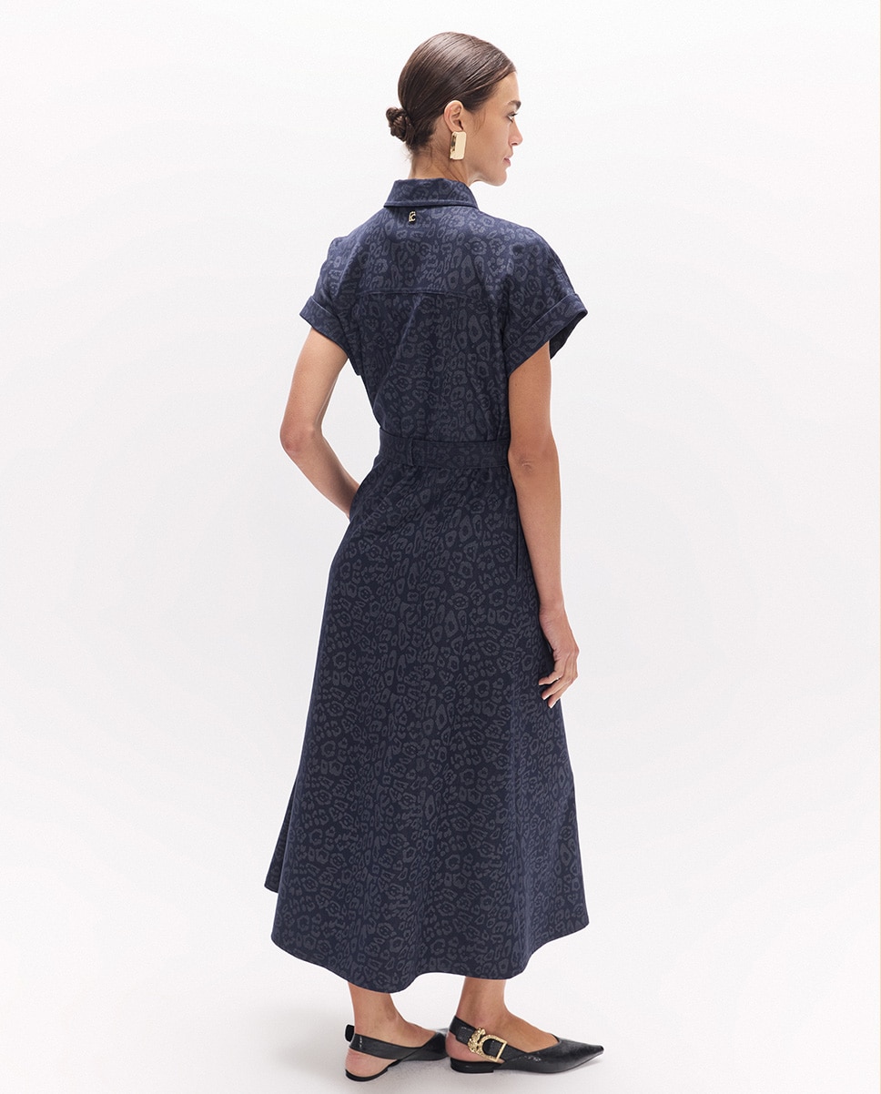 Vestido Midi Animal Print com Cinto Azul-escuro-4