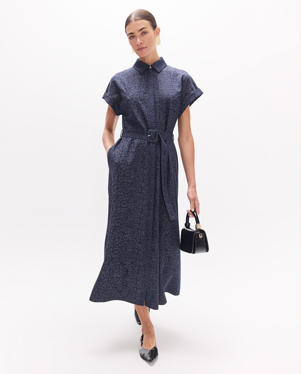 Vestido Midi Animal Print com Cinto Azul-escuro-5