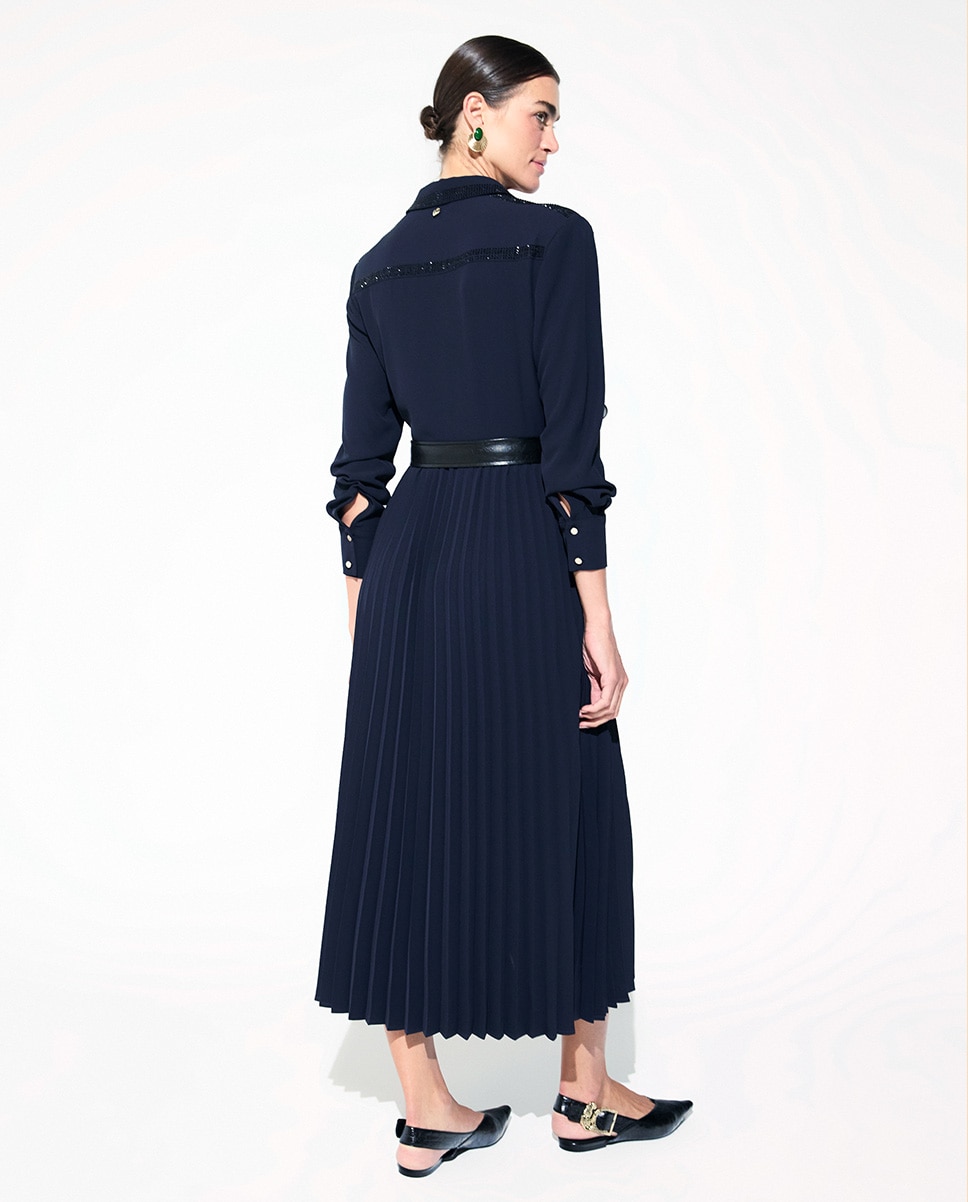 Vestido Midi Tipo Camisa com Saia Plissada e Strass Azul-marinho-5