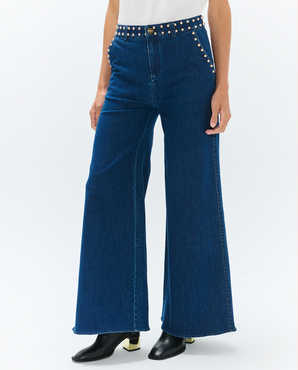 Jeans À Boca de Sino com Tachas na Cintura e Bolsos Frontais Azul denim-2