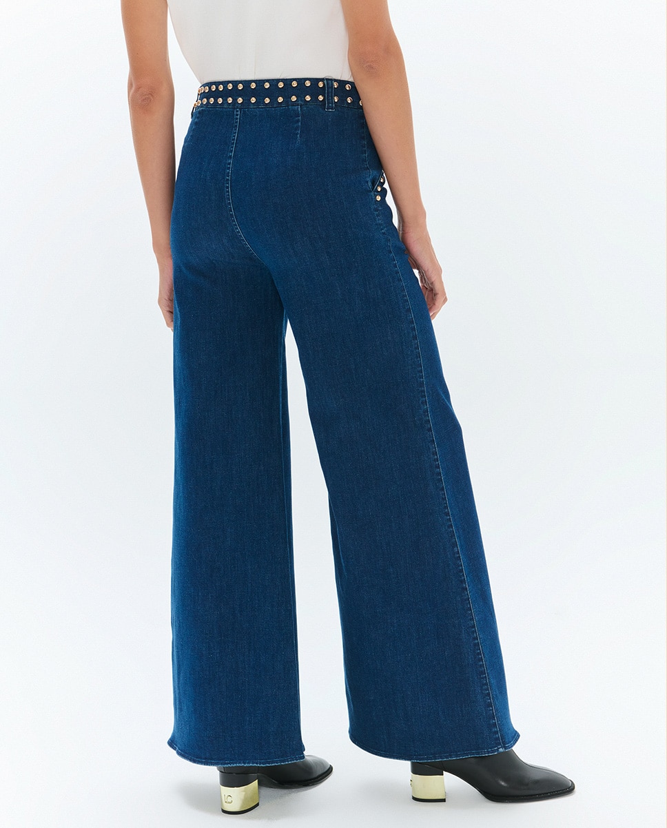 Jeans À Boca de Sino com Tachas na Cintura e Bolsos Frontais Azul denim-4