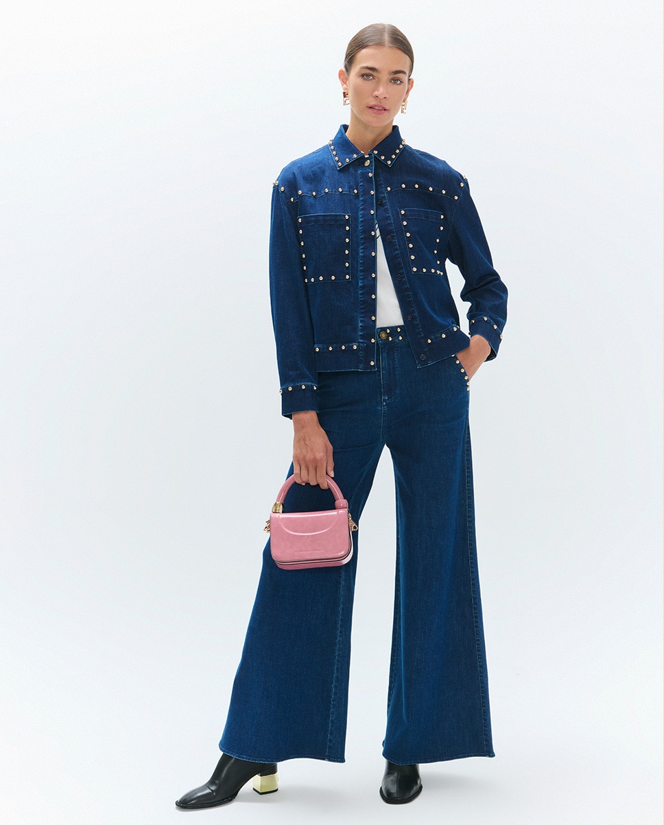 Jeans À Boca de Sino com Tachas na Cintura e Bolsos Frontais Azul denim-5