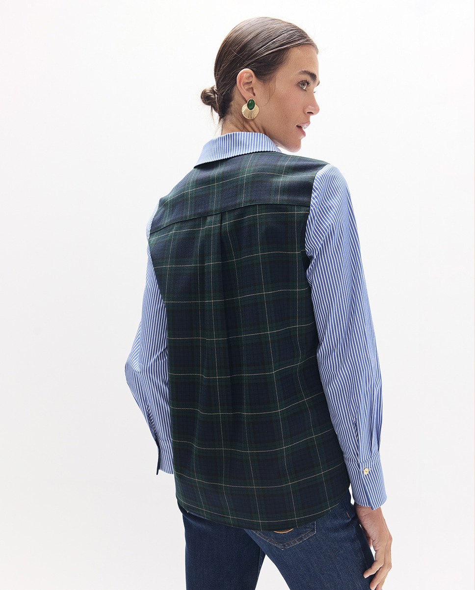 Camisa Combinada Às Riscas Tartã Azul-3