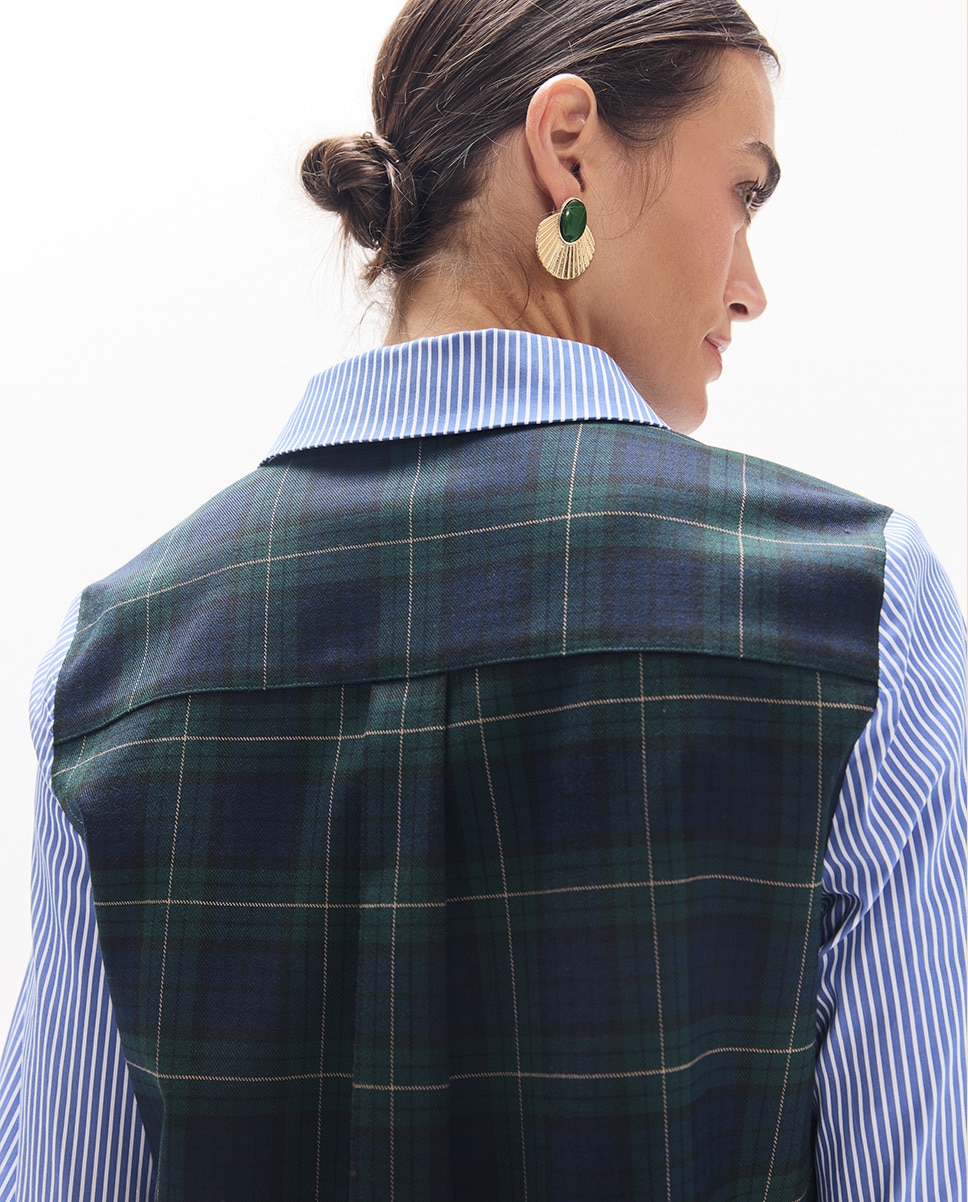 Camisa Combinada Às Riscas Tartã Azul-4