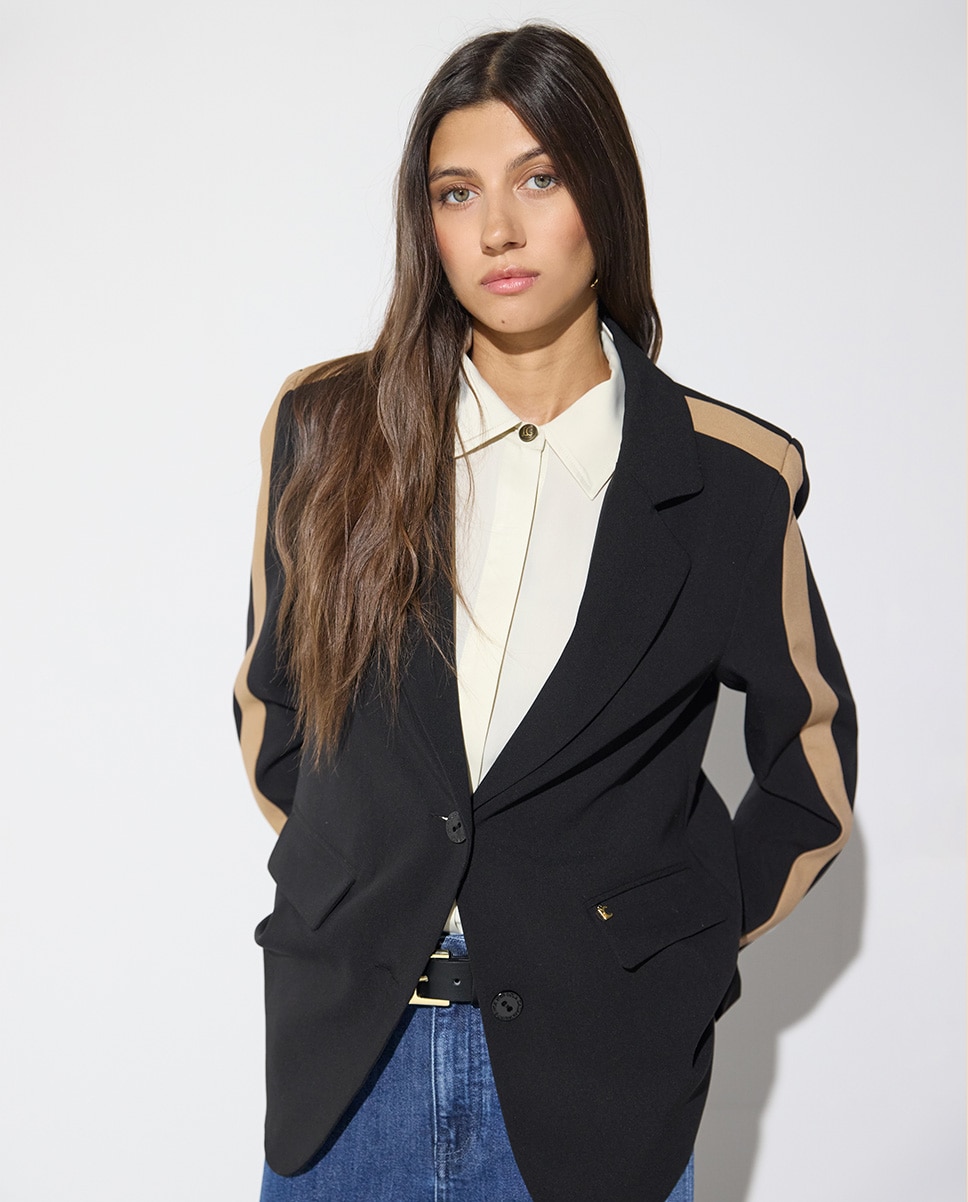 Blazer de Corte a Direito Grossgain com Animal nas Costas Preto / Natural-2