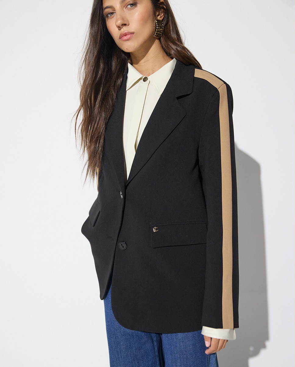 Blazer de Corte a Direito Grossgain com Animal nas Costas Preto / Natural-3