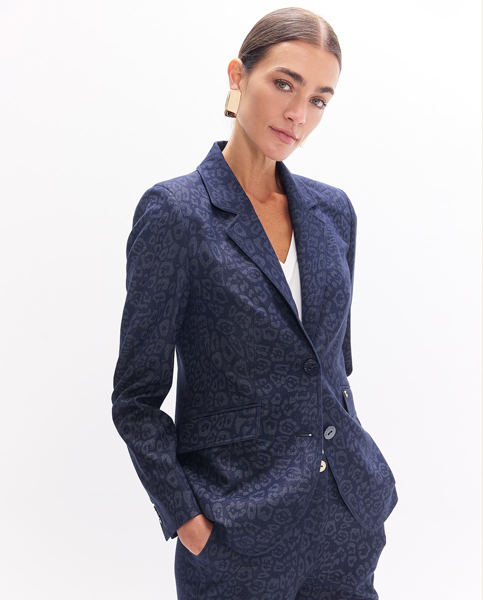 Blazer Ajustado em Microbombazina com Estampado Cashmere Azul-escuro-2