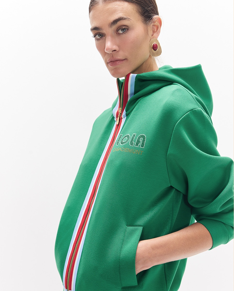 Sweatshirt de Fecho Zip com Capuz e Tira Lateral Tricolor Esmeralda-3