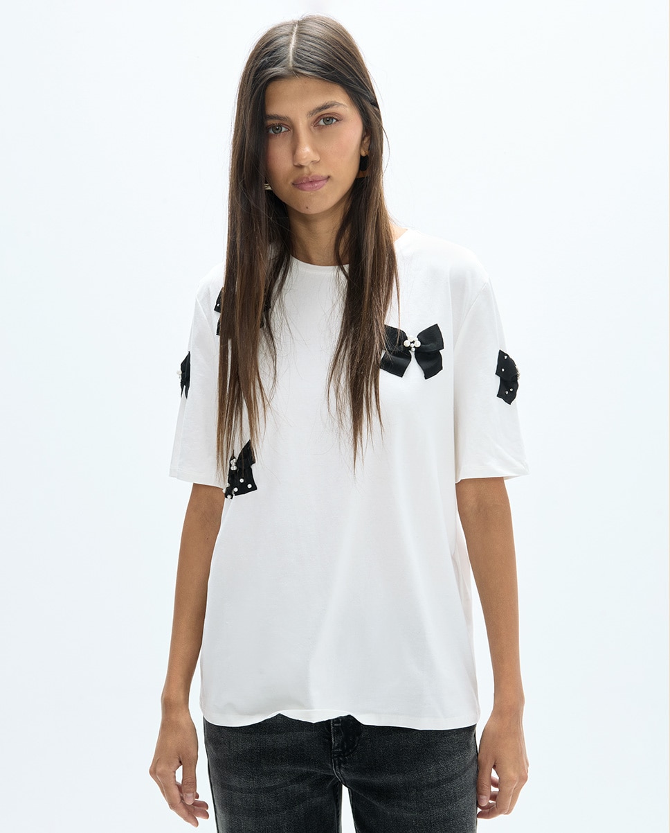 T-shirt Gola Redonda com Laços Posicionados Branco-2