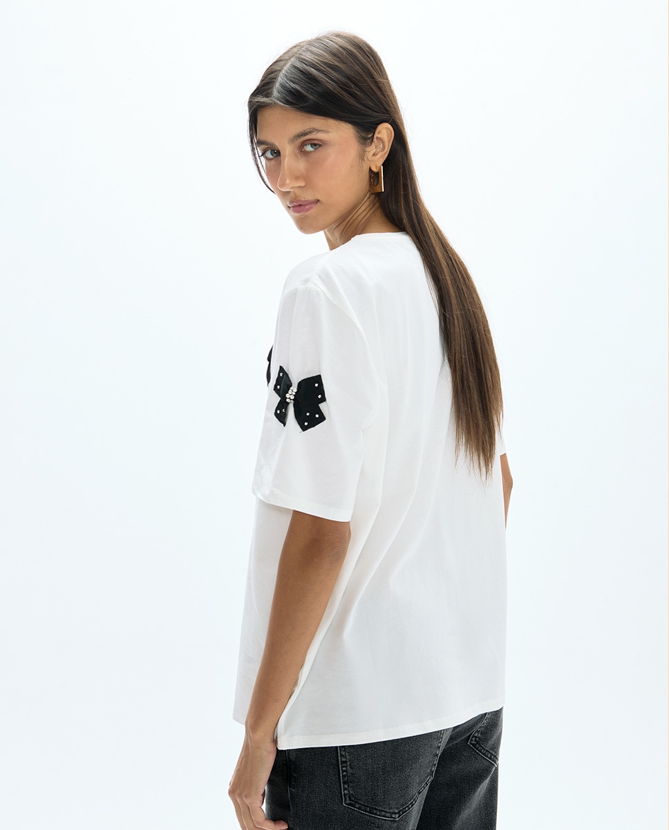T-shirt Gola Redonda com Laços Posicionados Branco-5