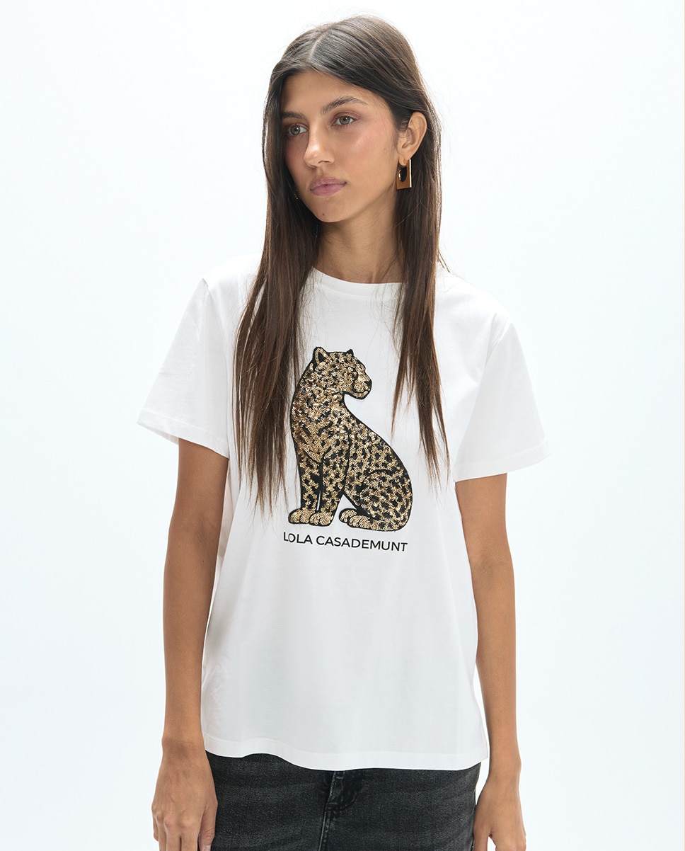 Imagem 0 de T-shirt Gola Redonda com Aberturas Laterais e Posicionado Leopardo Lantejoulas 45a