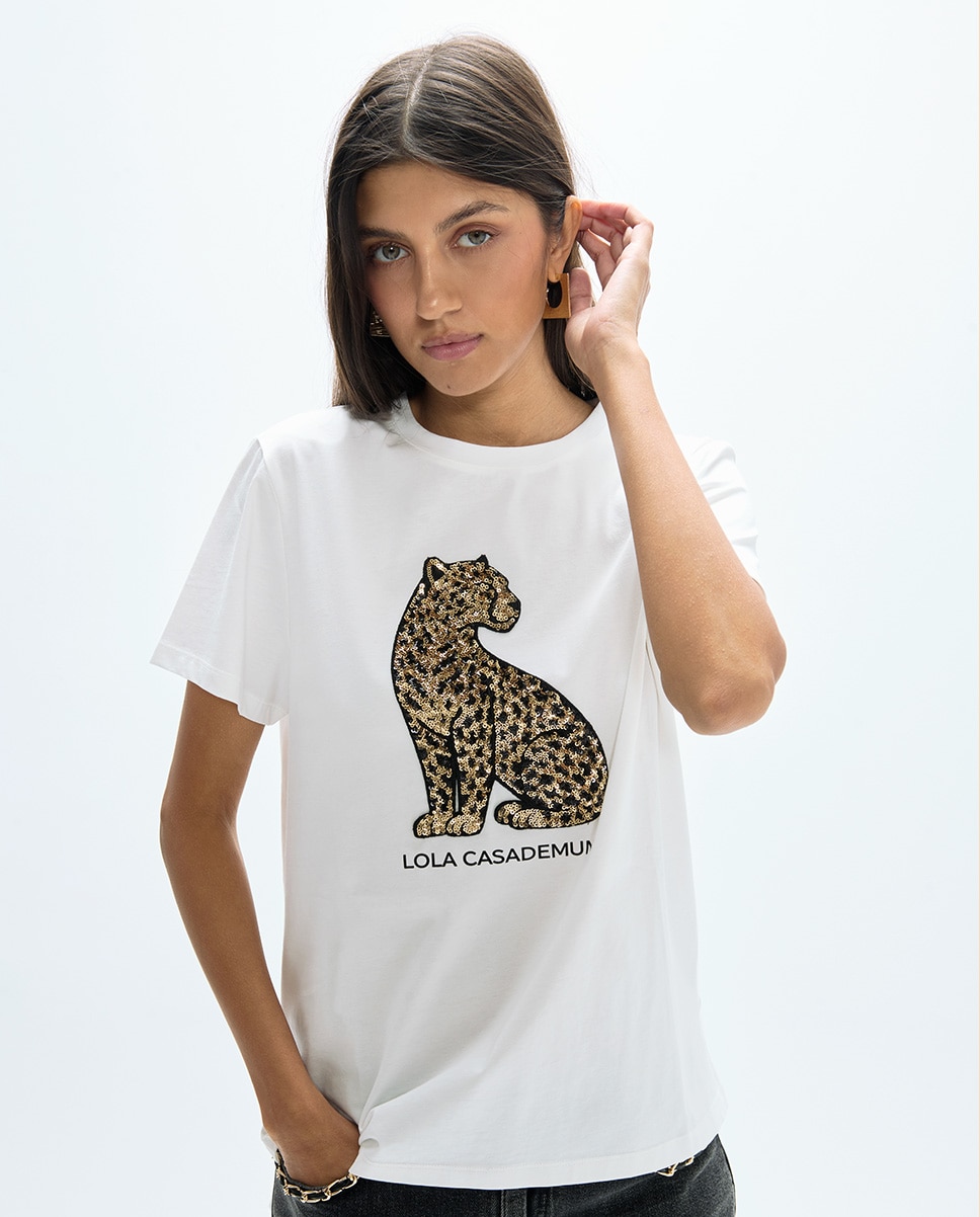 T-shirt Gola Redonda com Aberturas Laterais e Posicionado Leopardo Lantejoulas 45a Branco-2