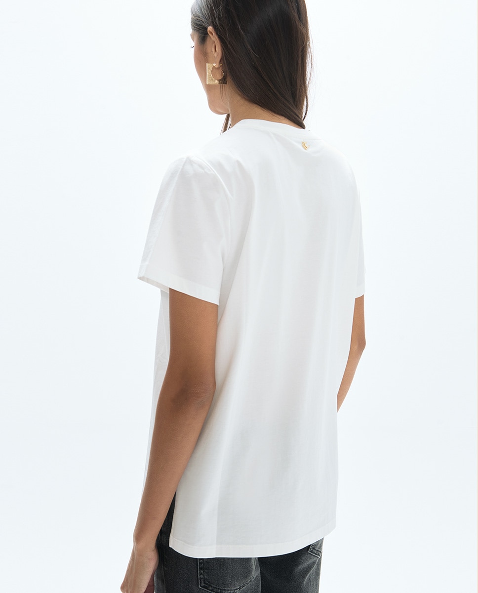 T-shirt Gola Redonda com Aberturas Laterais e Posicionado Leopardo Lantejoulas 45a Branco-4
