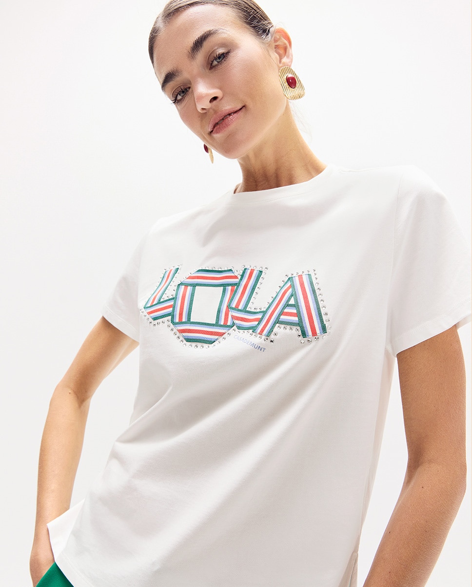 T-shirt Gola Redonda com Aberturas Laterais e Detalhe de Bandas em Tecido com Cristais Branco-2