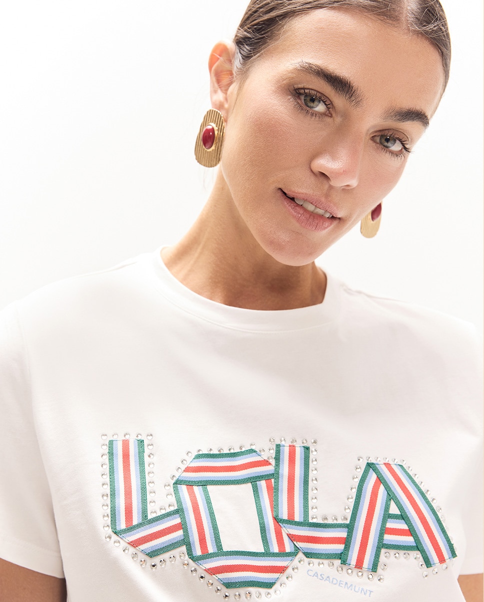 T-shirt Gola Redonda com Aberturas Laterais e Detalhe de Bandas em Tecido com Cristais Branco-3