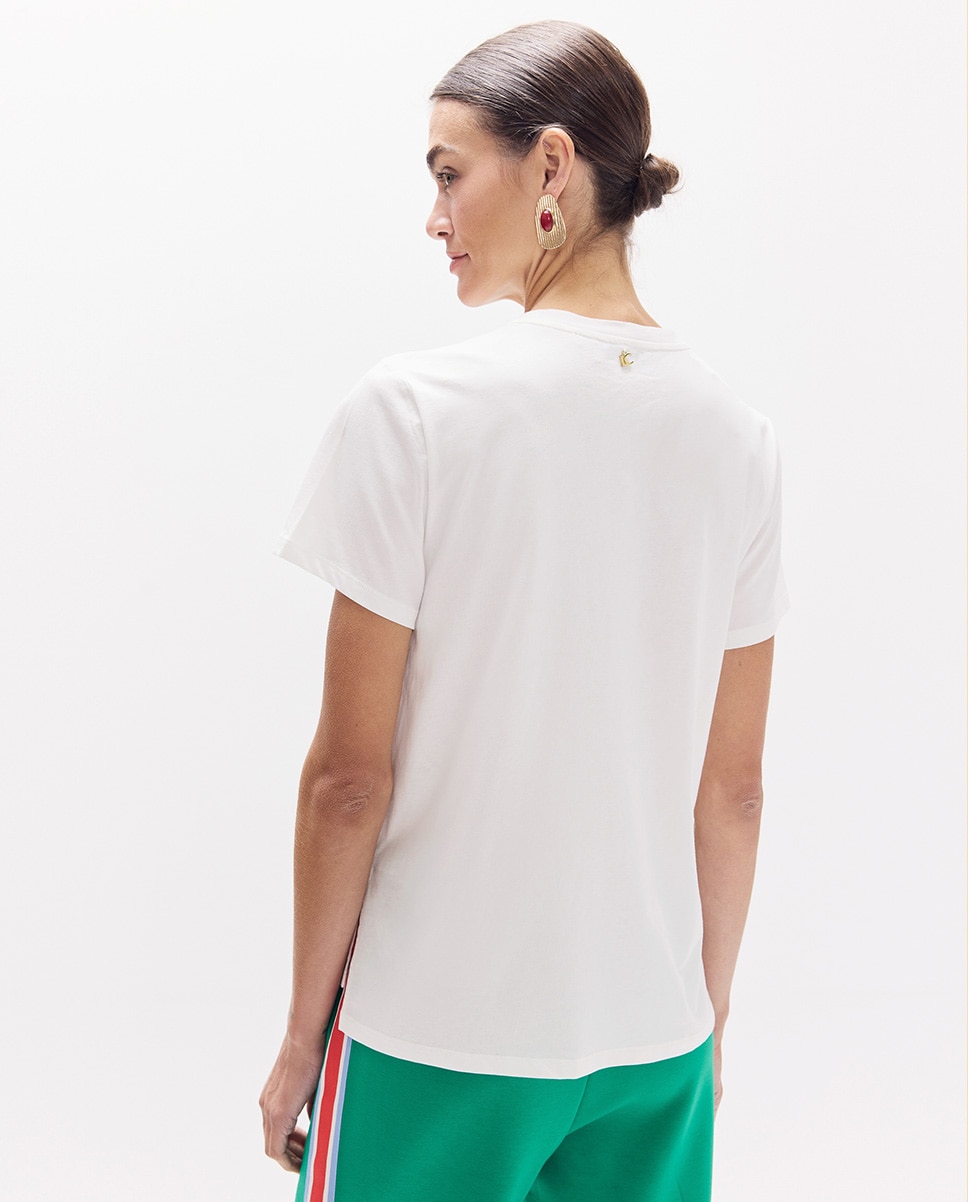 T-shirt Gola Redonda com Aberturas Laterais e Detalhe de Bandas em Tecido com Cristais Branco-4