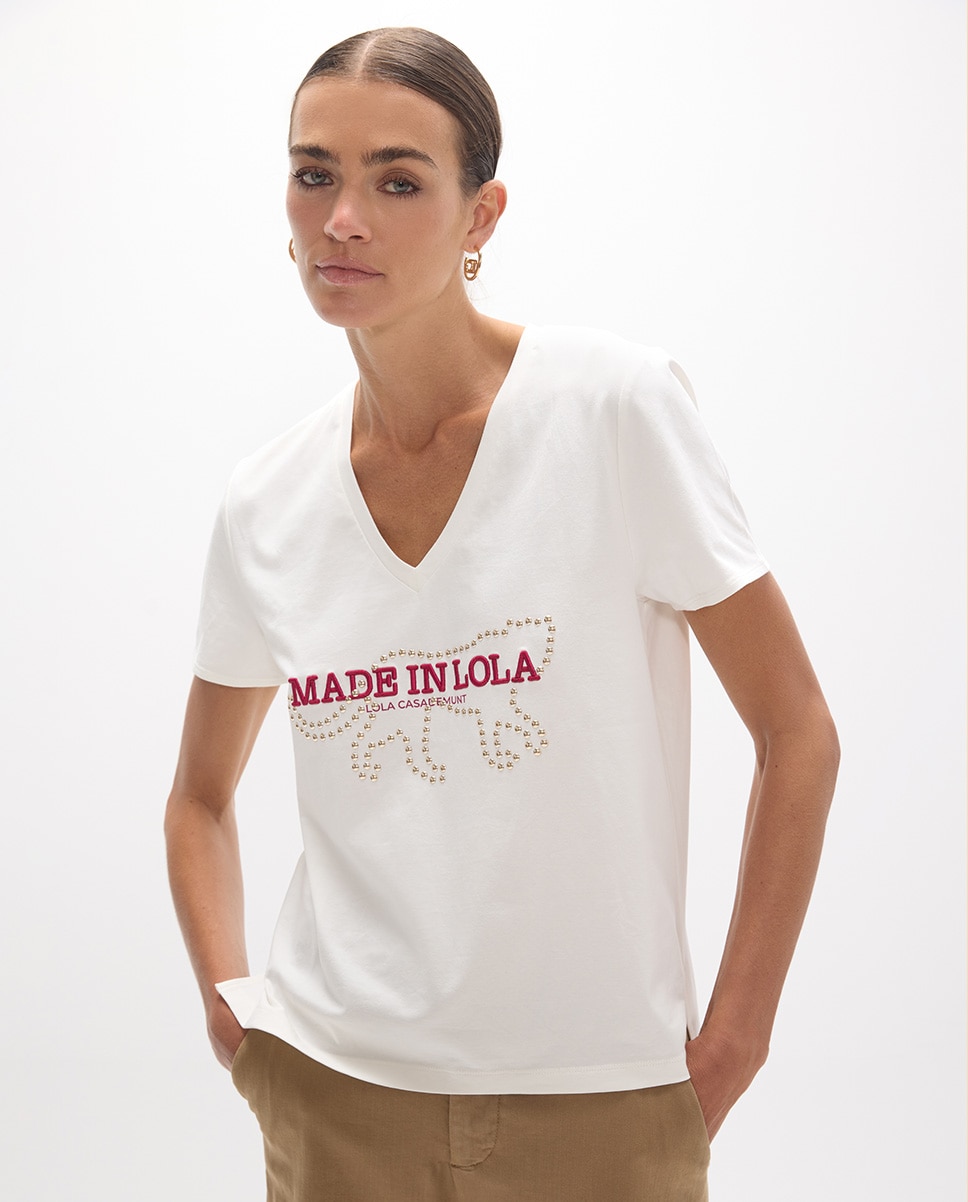 Imagem 0 de T-shirt de Gola em V com Aberturas Laterais e Gráfico Made In Lola em Bordado e Tachas