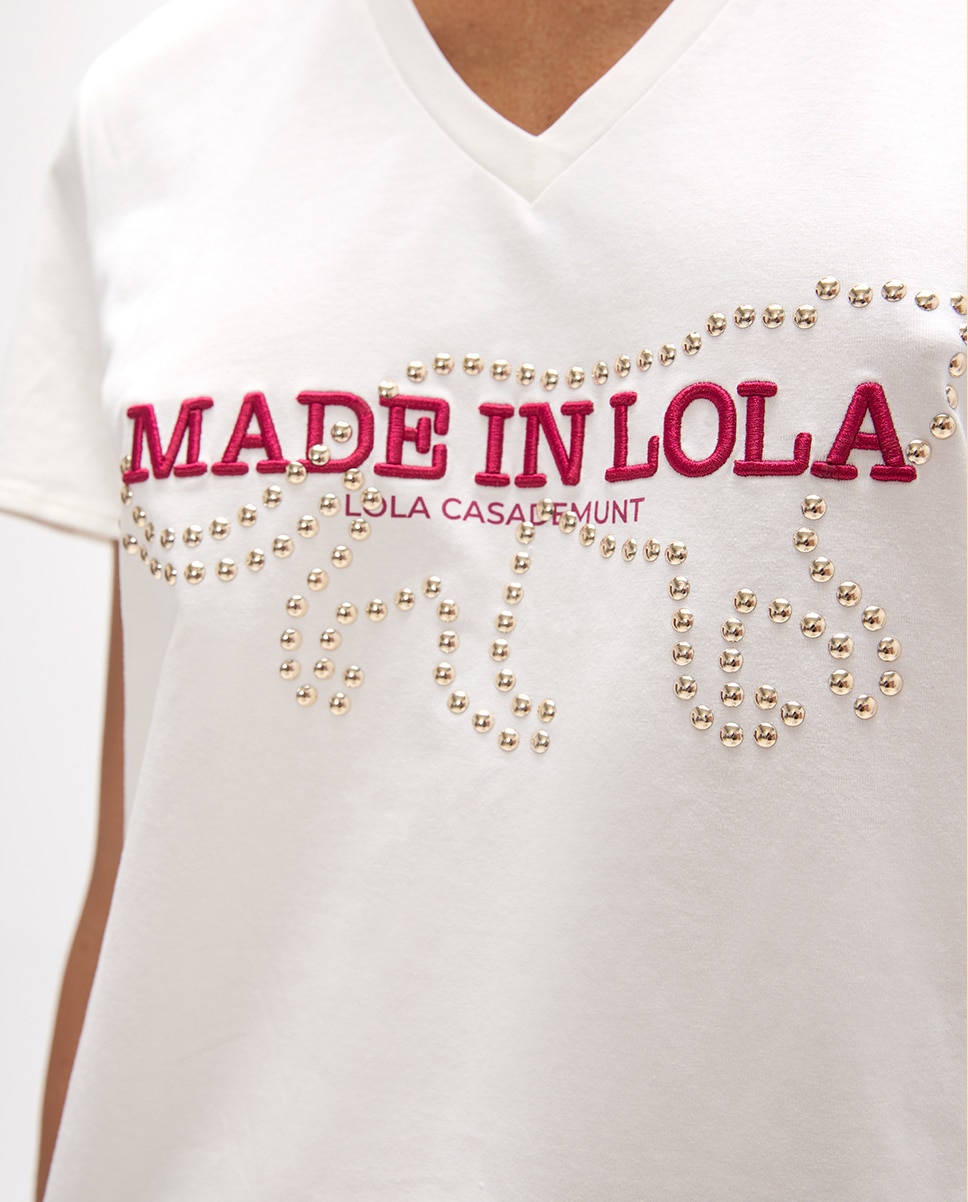 T-shirt de Gola em V com Aberturas Laterais e Gráfico Made In Lola em Bordado e Tachas Branco-2