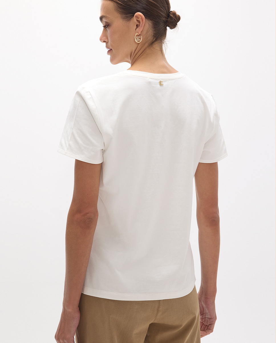 T-shirt de Gola em V com Aberturas Laterais e Gráfico Made In Lola em Bordado e Tachas Branco-3