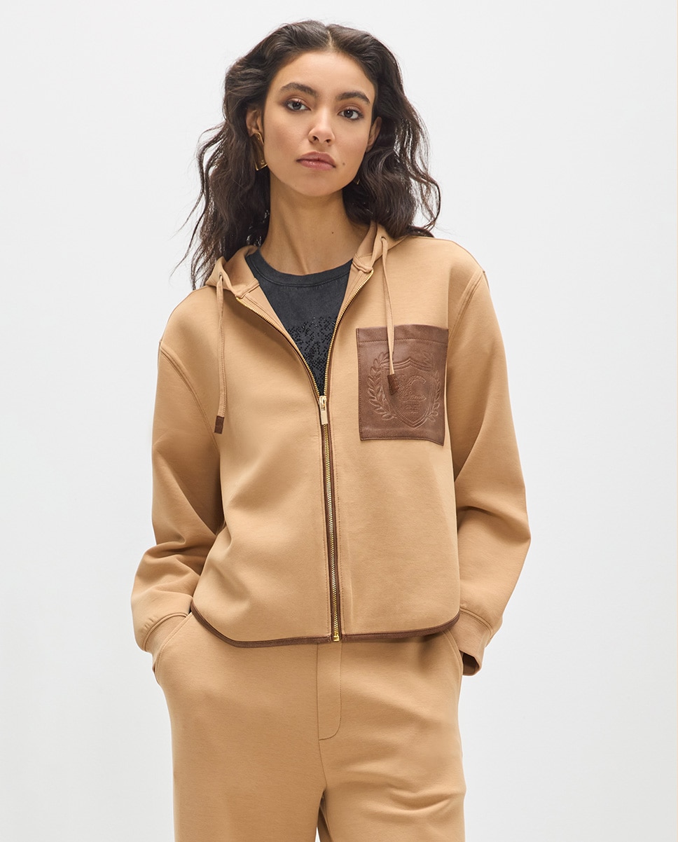 Imagem 0 de Sweatshirt de Fecho Zip com Capuz e Bolso Efeito Pele