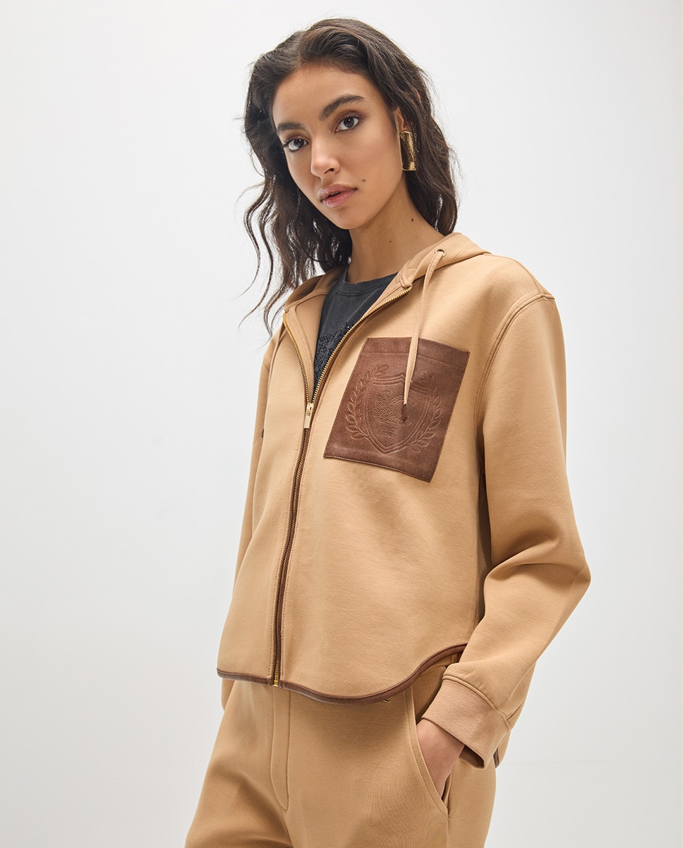 Sweatshirt de Fecho Zip com Capuz e Bolso Efeito Pele Caramelo-2