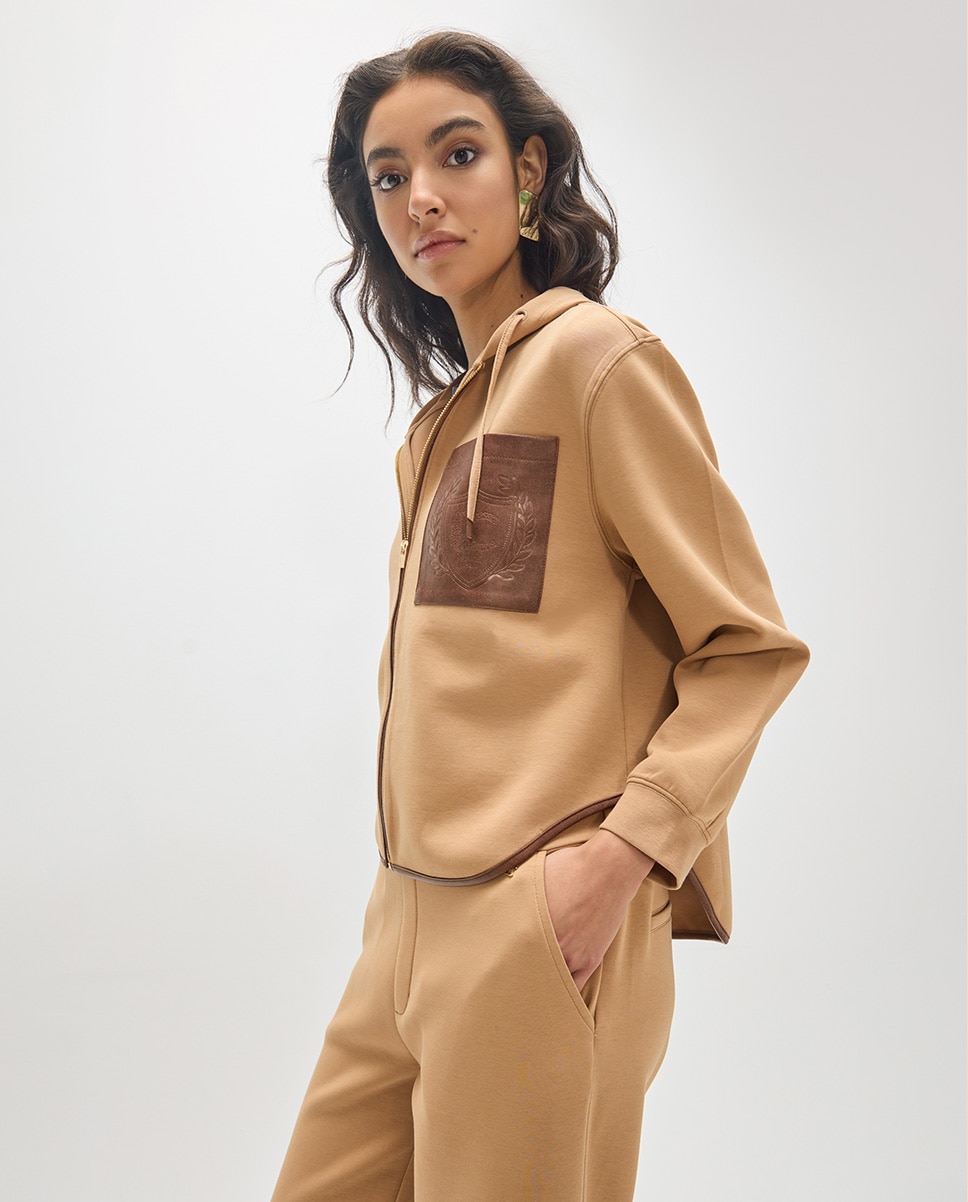 Sweatshirt de Fecho Zip com Capuz e Bolso Efeito Pele Caramelo-3