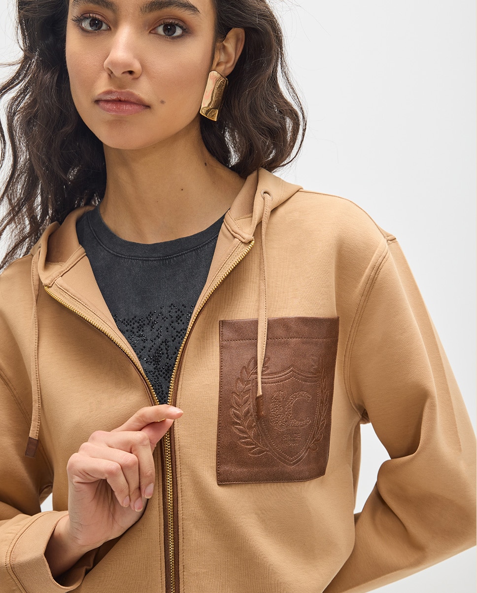 Sweatshirt de Fecho Zip com Capuz e Bolso Efeito Pele Caramelo-4