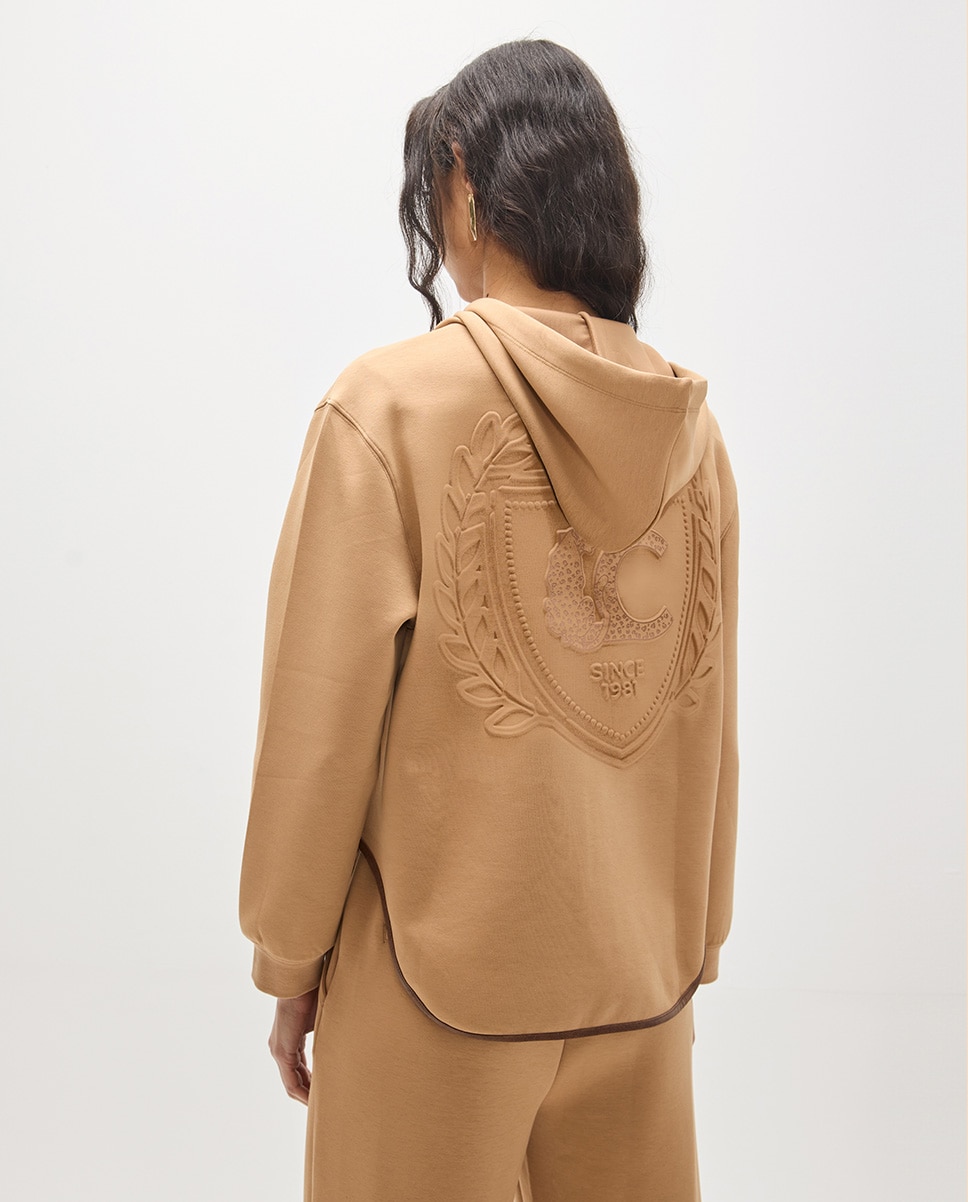 Sweatshirt de Fecho Zip com Capuz e Bolso Efeito Pele Caramelo-5