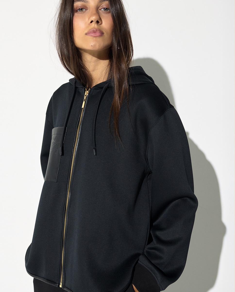 Sweatshirt de Fecho Zip com Capuz e Bolso Efeito Pele Preto-2