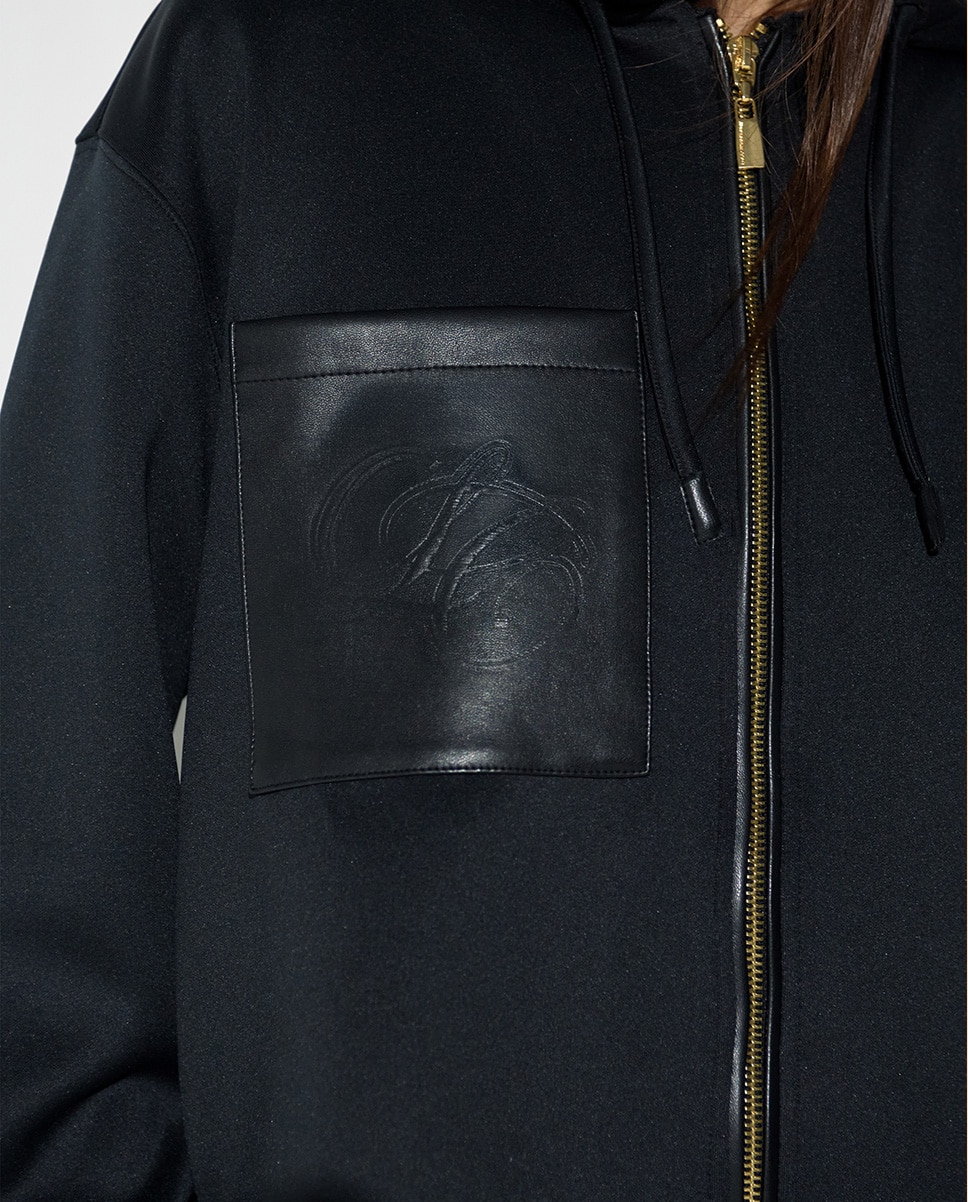 Sweatshirt de Fecho Zip com Capuz e Bolso Efeito Pele Preto-3