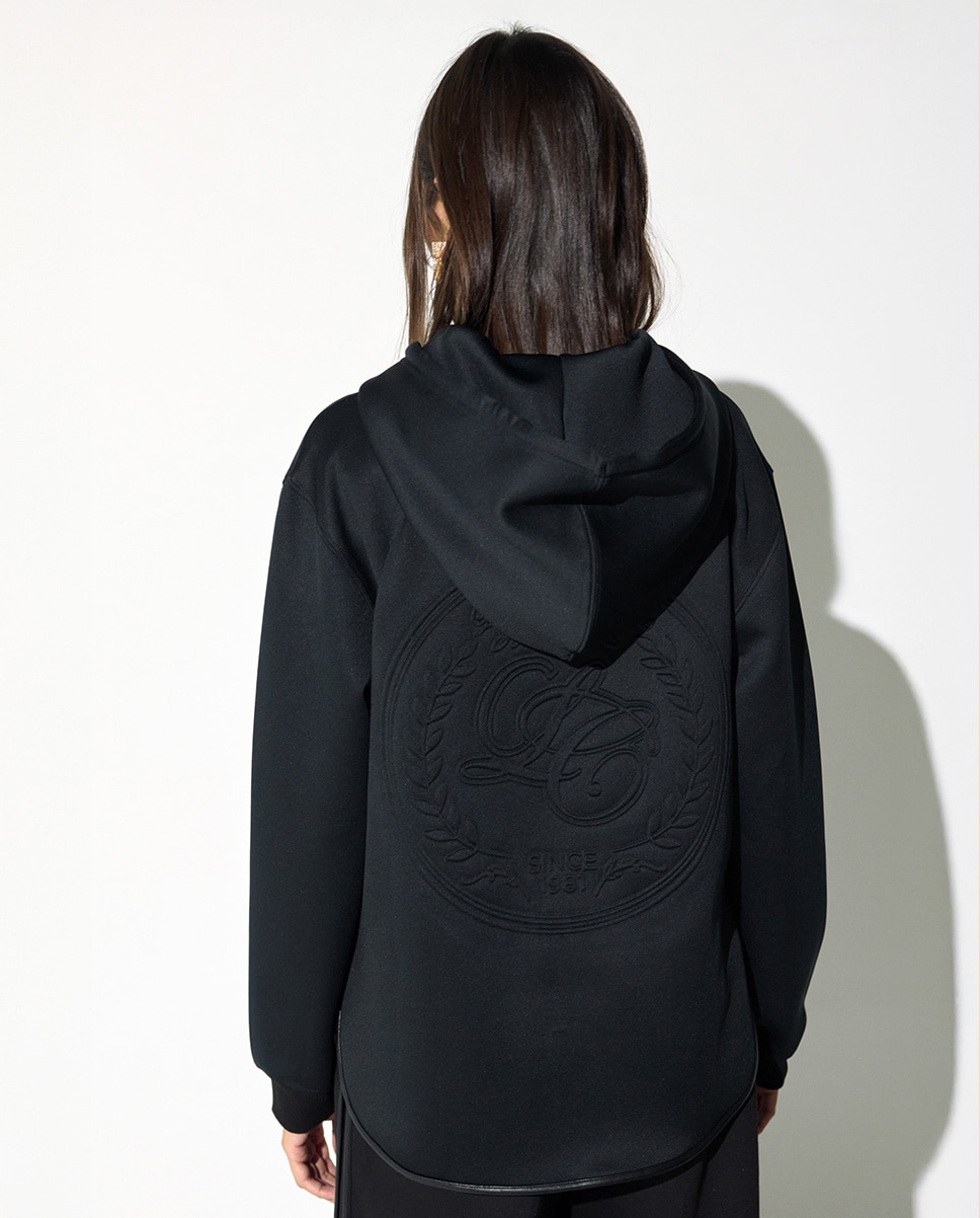 Sweatshirt de Fecho Zip com Capuz e Bolso Efeito Pele Preto-4